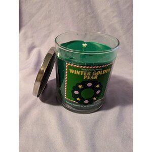 Bath & Body Works Winter Golden Pear Candle Green Glass Jar W/ Lid Holiday Scent